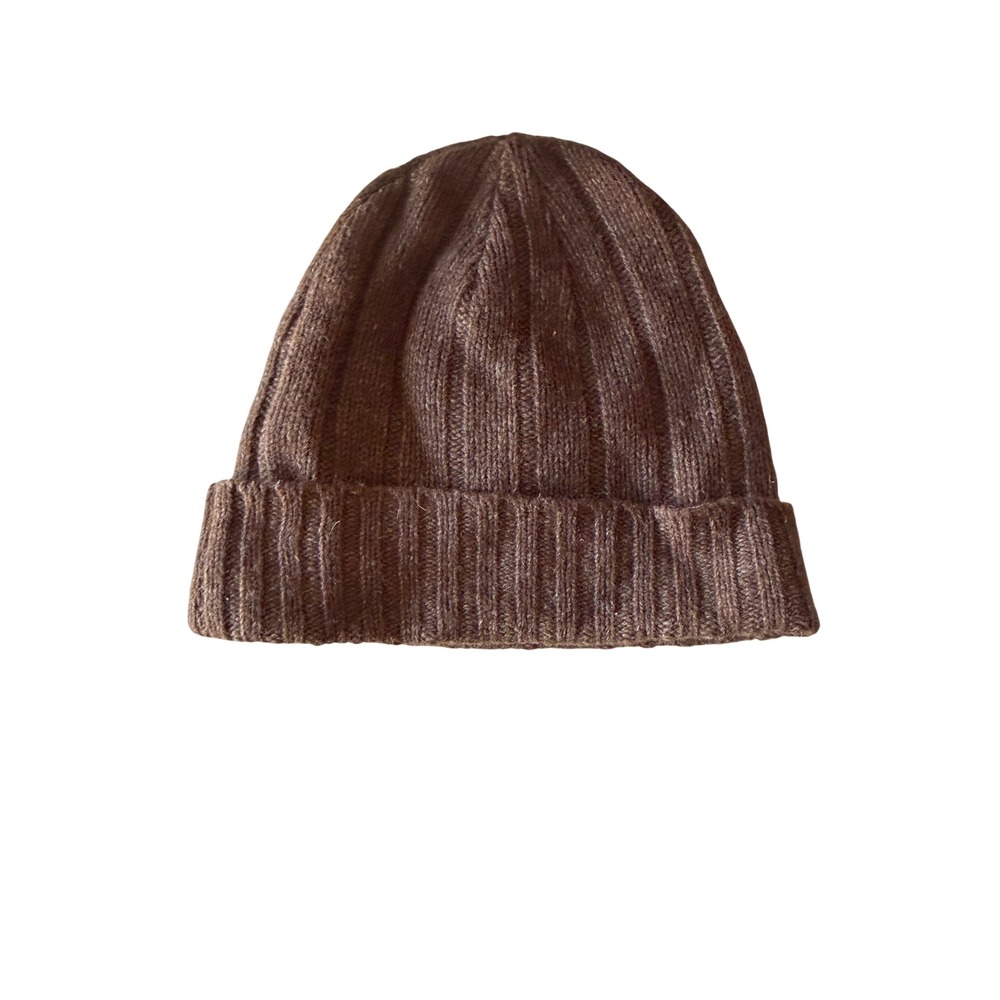 Vintage Polo Ralph Lauren Brown Lambswool Ribbed Knit Beanie Hat Green Pony Logo